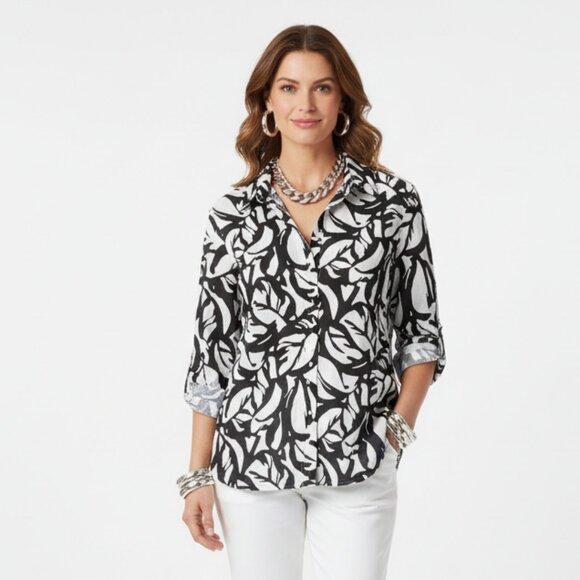 Chico’s 100% Linen Black & White Print 3/4 Sleeve Button Top Blouse .5 S - Picture 1 of 5